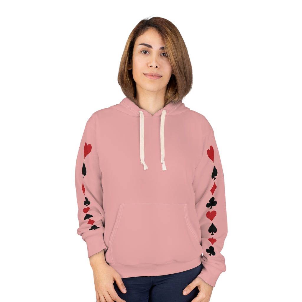 Pink Card Suits Hoodie — Retro Playing Card Graphic Pullover