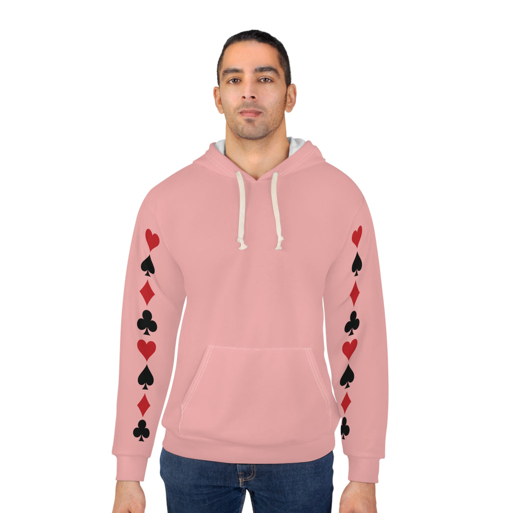 Pink Card Suits Hoodie — Retro Playing Card Graphic Pullover