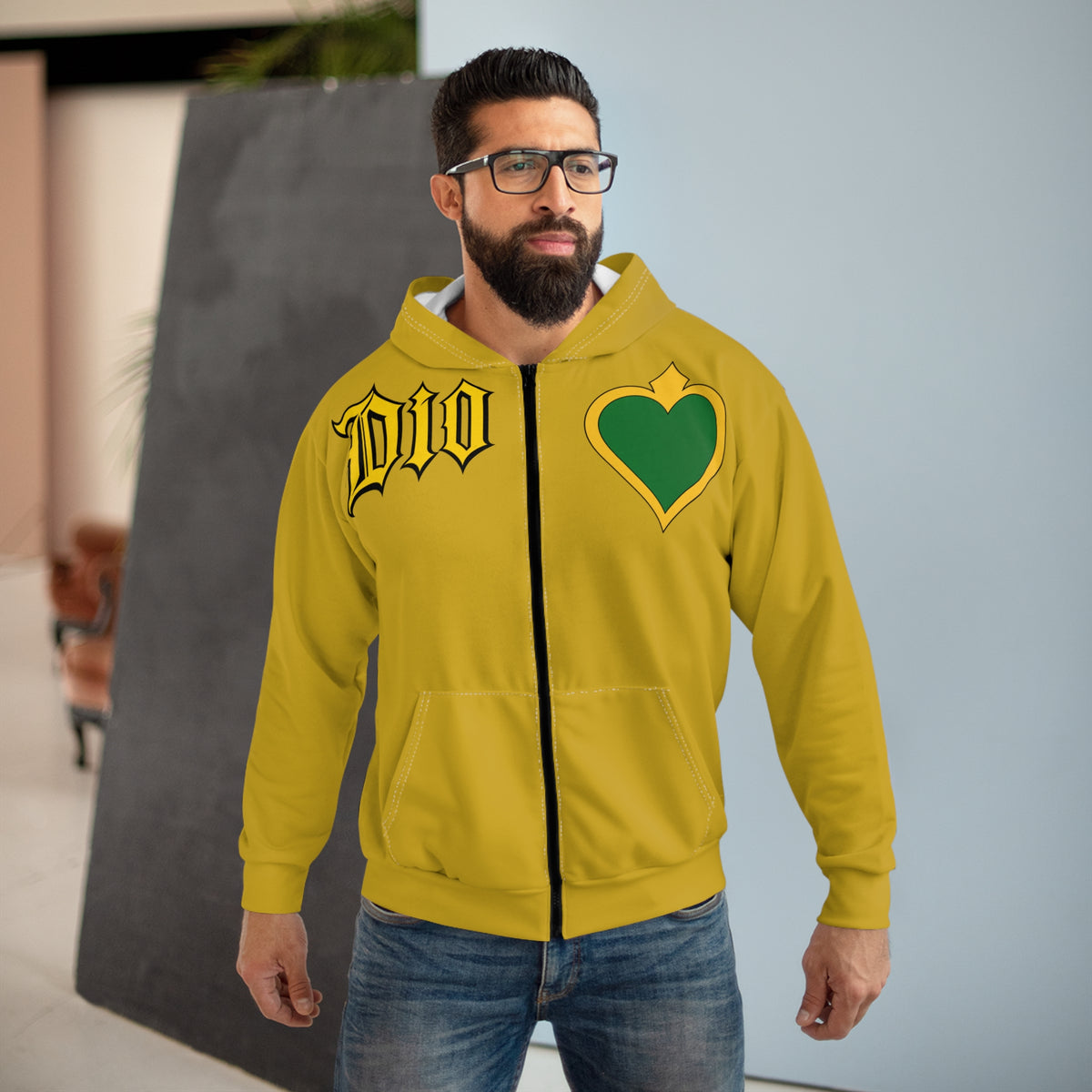 Dio Yellow Zip Hoodie – JoJo’s Bizarre Adventure Inspired Graphic Zip-Up
