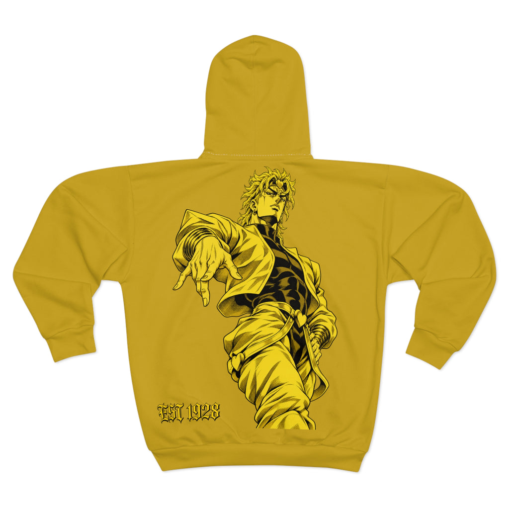 Dio Yellow Zip Hoodie – JoJo’s Bizarre Adventure Inspired Graphic Zip-Up