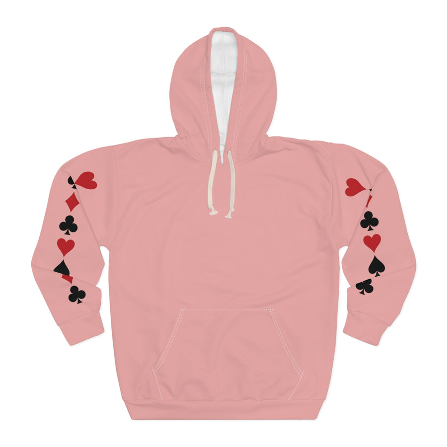 Pink Card Suits Hoodie — Retro Playing Card Graphic Pullover